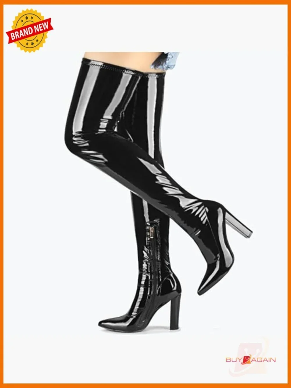 Women's Thigh High Boots Chunky Heel Pointed Toe Patent Leather Stretchy